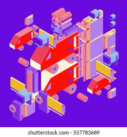 Vector colorful abstract isometric construction, vector polygonal shape. Template for poster design and background or fabric print.