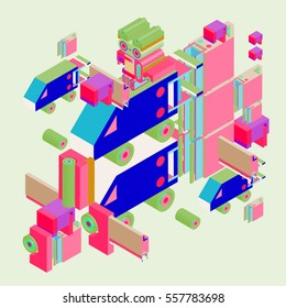 Vector colorful abstract isometric construction, vector polygonal shape. Template for poster design and background or fabric print.
