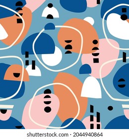 vector colorful abstract pattern design in collage style. Geometric shapes on blue background. Vector seamless texture for kids fabric or home decor.