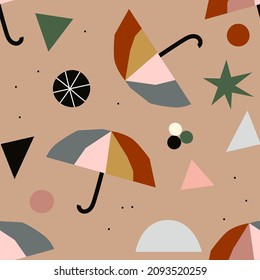 Vector colorful abstract pattern design in collage style. Colorful geometric shapes and umbrellas on beige background. Vector seamless texture for  fabric or home decor.