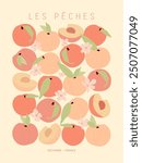 Vector colorful abstract poster with peaches in pastel pink colors. Retro groovy cute peaches design for wall prints. 