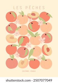 Vector colorful abstract poster with peaches in pastel pink colors. Retro groovy cute peaches design for wall prints. 