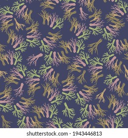 Vector colorful abstract seamless pattern design illustration with decorative tree branches on dark blue. Cute decorative design. Perfect for decorations, stickers, cards, postcards, banners, posters