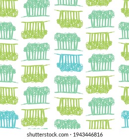 Vector colorful abstract seamless pattern design illustration with decorative trees in lines in pastel tones. Cute decorative design. Perfect for decorations, wrapping paper, backgrounds