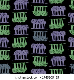 Vector colorful abstract seamless pattern design illustration with decorative trees in lines in pastel tones on black. Cute decorative design. Perfect for decorations, wrapping paper, backgrounds