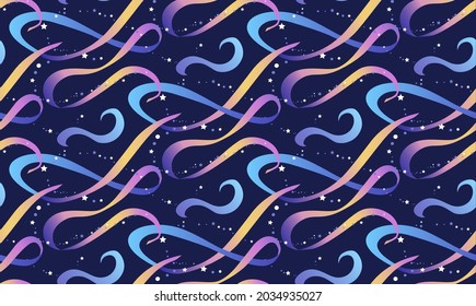 Vector colorful abstract seamless pattern for fabric. Beautiful rhythmic gymnastics ribbon with stars.