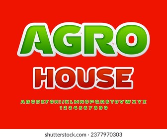 Vector colorful advertisement Agro House. Green sticker Font. Creative Alphabet Letters, Numbers and Symbols.