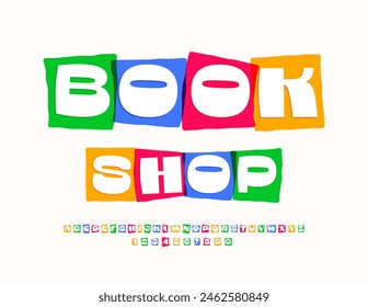 Vector colorful advertisement Book Shop. Unique Bright Font. Artistic Alphabet Letters and Numbers.