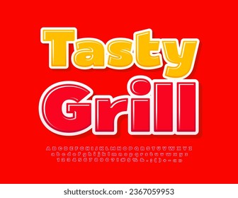 Publicidad de colores vectores Tasty Grill. Fuentes rojas negrita. Letras, números y símbolos de alfabetos brillantes