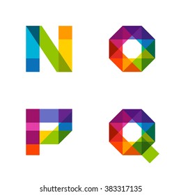 Vector colorful alphabet made of overlapping shapes. Beautiful vivid capital latin letters N O P Q. Ready for poster or artwork design.