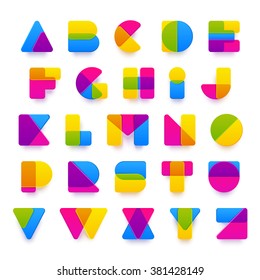 Vector colorful alphabet made of plastic rounded overlapping shapes with realistic shadows. Beautiful vivid capital Latin letters from A to Z. Ready for poster or artwork design.