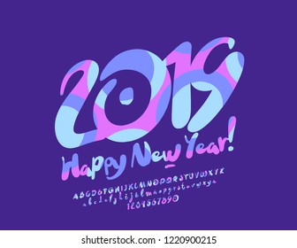 Vector colorful Alphabet with original Happy New Year 2019 greeting card. Handwritten rotated Font