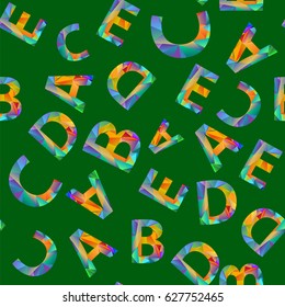 Vector Colorful Alphabet Seamless Pattern. Set of Colored Letters on Green