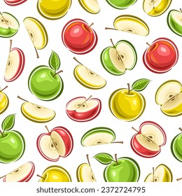 Vector Colorful Apple patrón sin soldadura, fondo de repetición cuadrado con ilustraciones cortadas de manzanas cortadas maduras con hojas verdes para papel de envoltura, colección de manzanas lisas y planas voladoras crudas