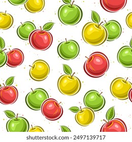 Vector Colorful Apple seamless pattern, repeating background with flying cartoon multi colored apples for wrapping paper, square placard with flat lay apple fruits on white background for home decor