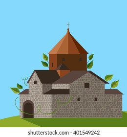 Vector colorful Armenian Christian Orthodox monastery in flat style. Spring and Summer travel