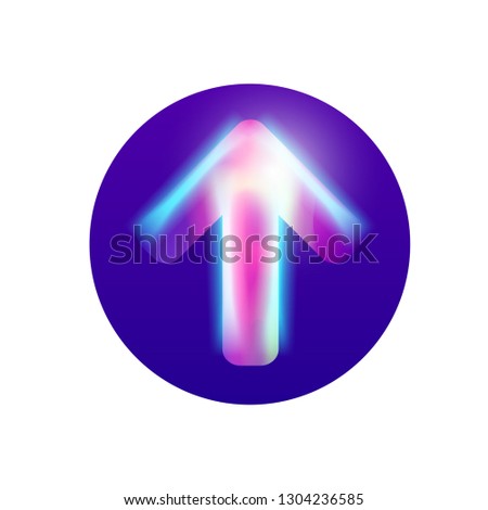 Vector colorful arrow for web and print. Neon light with bright glow. Direction arrow in blue circle. Creavite hi tech modern art. Can be used for landing page and presentation.