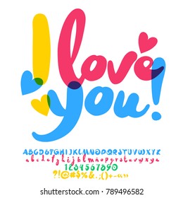 Vector colorful artistic greeting card I love you with hearts. Set of watecolor Alphabet letters, numbers and symbols