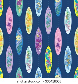 Vector Colorful Artistic Surf Boards Seamless Pattern. Vibrant Art Flowers