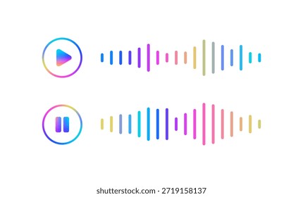 Forma de onda de áudio colorido vetorial e elementos de interface do player de música. Conjunto de ondas sonoras de gradiente vibrantes com botões de reprodução e pausa isolados no fundo branco.