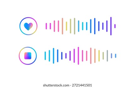 Vector colorido conjunto de forma de onda de audio con corazón y Botones de parada. Elementos vibrantes de la interfaz del reproductor de música del gradiente y ondas de sonido aislados en el fondo blanco.