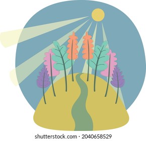 Vector colorful autumn forest on the blue background. Abstract sunny autumn forest. 