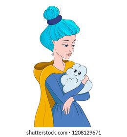 Vector colorful autumn illustration of rainy day. Pretty girl wearing yellow raincoat and holding rain cloud isolated from white background. Witch of rainy days