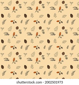 Vector colorful autumn natural pattern with fall leaves and mushrooms. Fall endless background.Abstract banner print with leaves. Elegant beautiful nature ornament for fabric, wrapping and textile. 