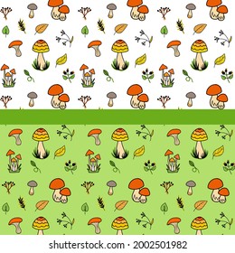 Vector colorful autumn natural pattern with fall leaves and mushrooms. Fall endless background.Abstract banner print with leaves. Elegant beautiful nature ornament for fabric, wrapping and textile. 