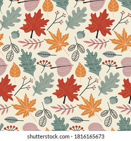 Vector colorful autumn natural seamless pattern with fall leaves and berries. Fall endless background