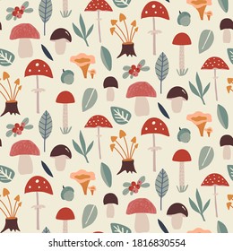 Vector colorful autumn natural seamless pattern with mushrooms. Fall endless background