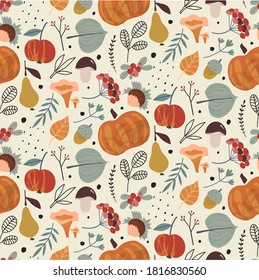 Vector colorful autumn natural seamless pattern with fall leaves, fruits, pumpkins and mushrooms. Fall endless background