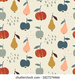Vector colorful autumn natural seamless pattern with fruits, pear and apple. Fall endless background