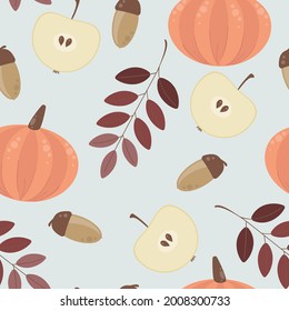 Vector colorful autumn natural seamless pattern with fall leaves, fruits, pumpkins and mushrooms. Fall endless background