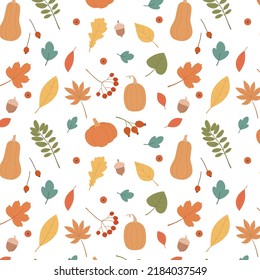 Vector colorful autumn natural seamless pattern with fall leaves, pumpkins, berries and acorns