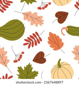 Vector colorful autumn natural seamless pattern with fall leaves, fruits, pumpkins and mushrooms. Fall endless background