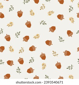 Vector colorful autumn natural seamless pattern with fall leaves, acorn and leafs. Seamless background. November.