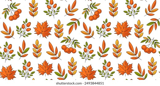 Vector colorful autumn natural seamless pattern with rowan, maple leaf, rosehip. Isolated white background. Fall endless backdrop. For fabric, paper, textile, gift wrap, cover or wallpaper