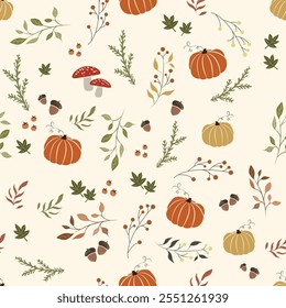 Vector colorful autumn natural seamless pattern with fall leaves, fruits, pumpkins and leafs. Seamless background. November.