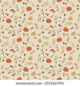 Vector colorful autumn natural seamless pattern with fall leaves, fruits, pumpkins and leafs. Seamless background. November.