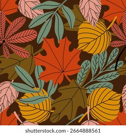 Vector colorful autumn natural seamless pattern with fall leaves on dark background. 