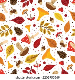 Vektorbunter Herbst nahtloses Muster mit Herbstblättern, Kegel und Pilzen.