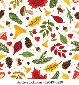 Vector colorful autumn seamless pattern with fall leaves, cone and mushrooms.