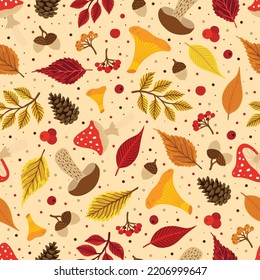 Patrón fluido del otoño con vectores coloridos con hojas de otoño, cono y setas.