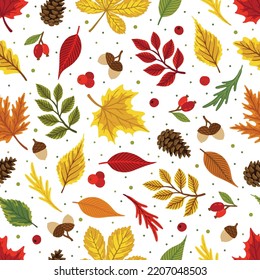 Vector colorful autumn seamless pattern with fall leaves, cone and mushrooms.