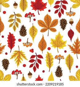 Vector colorful autumn seamless pattern with fall leaves, cone and mushrooms.