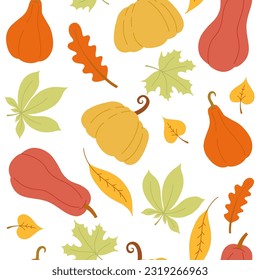 Patrón fluido del otoño con vectores coloridos con hojas caídas y calabazas. Caer en un fondo interminable.