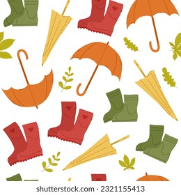 Vector colorful autumn seamless pattern with fall leaves, rubber boots and umbrellas. Fall endless background.