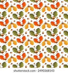 Vector colorful autumn seamless pattern with autumn leaves, acorns. Seasonal autumn background.