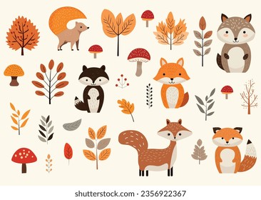 Vector colorful autumn set with characters 